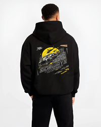 Black hoodie worn by a male model, back view, featuring rs turbo turbocharged racing drift jdm japanese tuner tokyo street graphic.