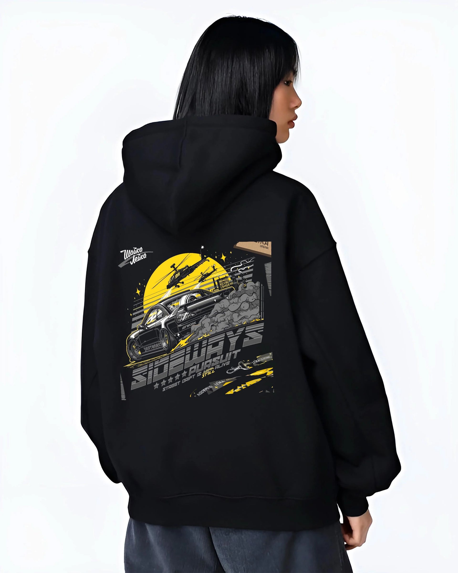Black hoodie worn by a female model, back view, featuring rs turbo turbocharged racing drift jdm japanese tuner tokyo graphic.
