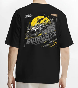 Black T-shirt worn by a male model, back view, featuring rs turbo turbocharged racing drift jdm japanese tuner tokyo street graphic.