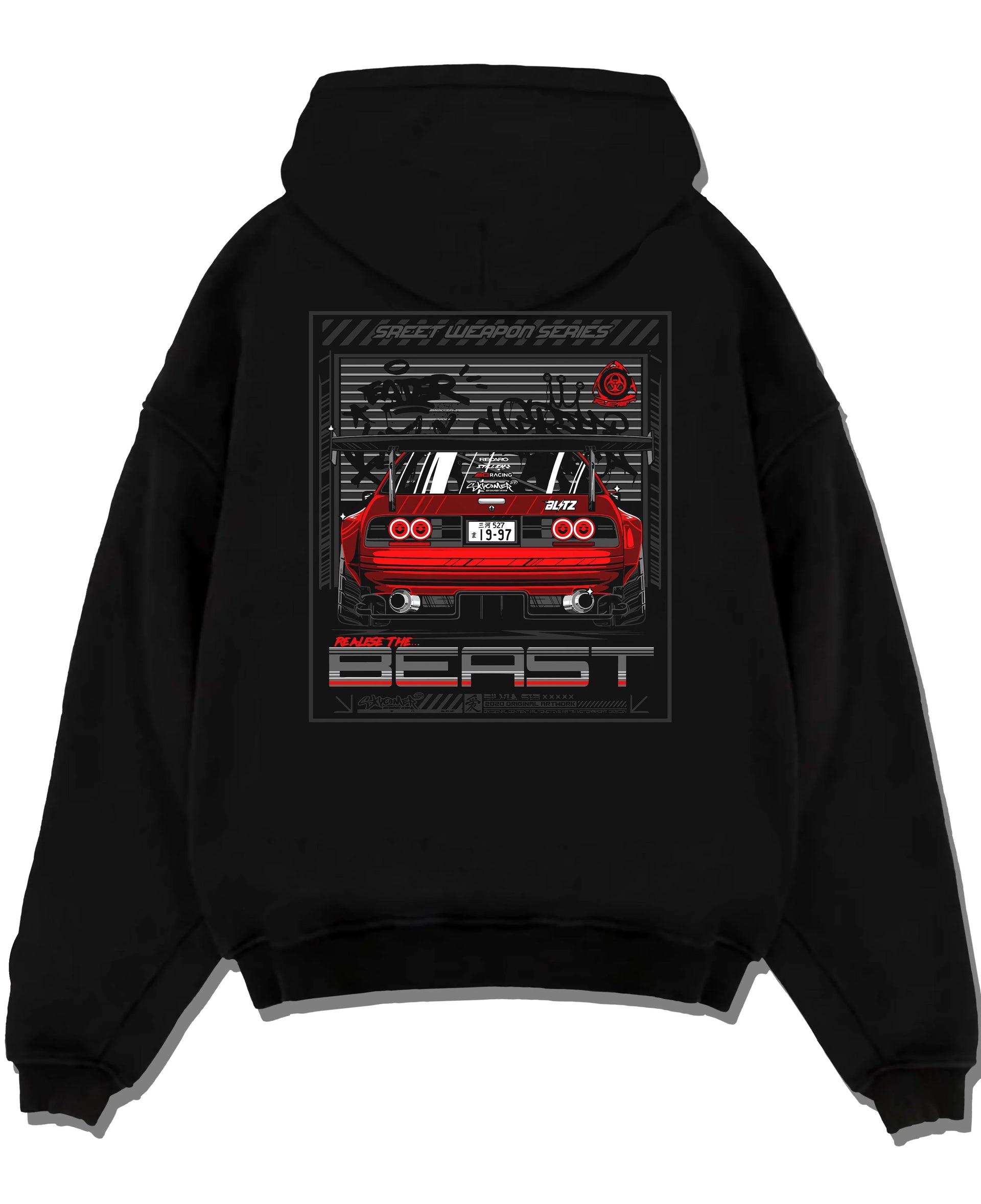 Black pullover hoodie laid flat on a white background, featuring SKYLINE racing drift japanese tuner stance street graphic.