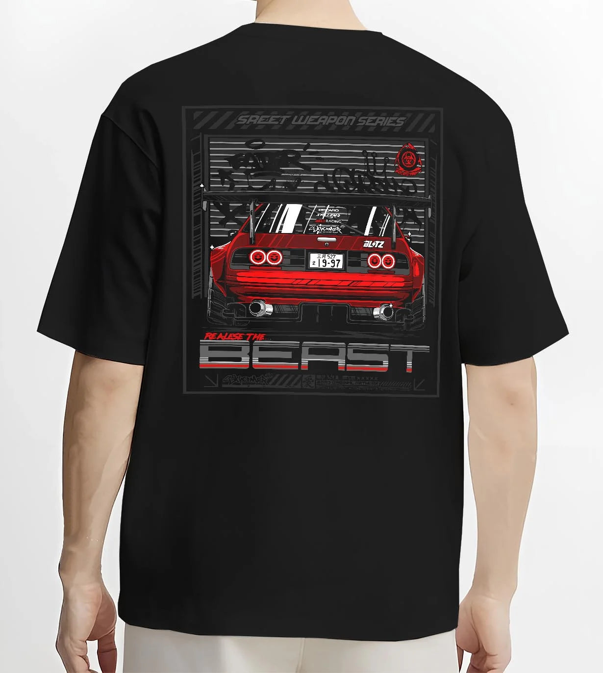 Black T-shirt worn by a male model, back view, featuring SKYLINE racing drift japanese tuner stance street performance graphic.