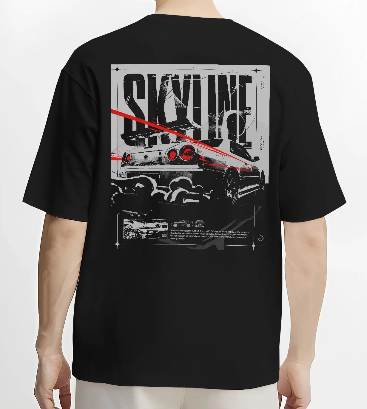 Black T-shirt worn by a male model, back view, featuring Nissan Skyline R34 r34 skyline turbo turbocharged racing jdm graphic.