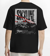 Black T-shirt worn by a male model, back view, featuring Nissan Skyline R34 r34 skyline turbo turbocharged racing jdm graphic.