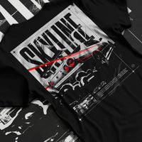 Black T-shirt laid flat with natural fabric folds, featuring Nissan Skyline R34 r34 skyline turbo turbocharged racing jdm graphic.
