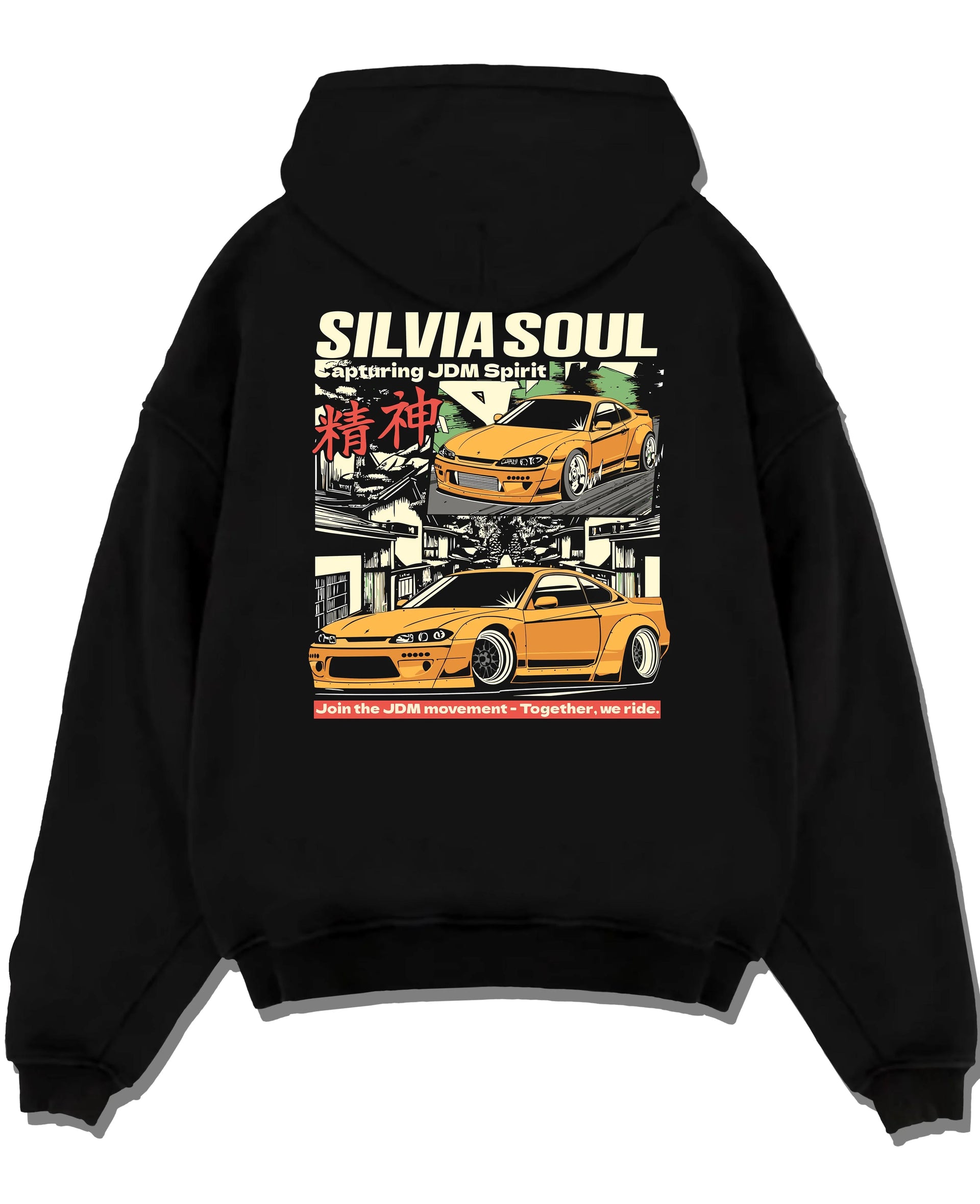 Black pullover hoodie laid flat on a white background, featuring Nissan Silvia S15 silvia drift jdm japanese street racing graphic.