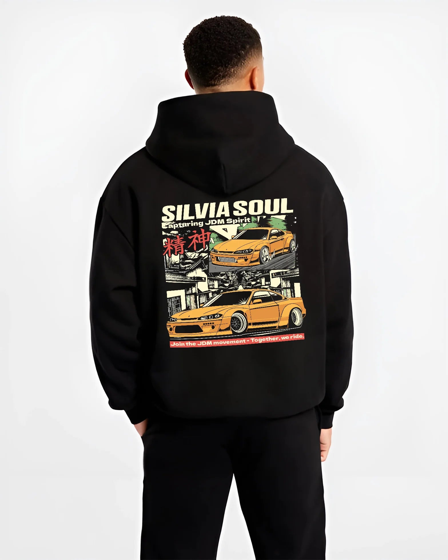 Black hoodie worn by a male model, back view, featuring Nissan Silvia S15 silvia drift jdm japanese street racing graphic.