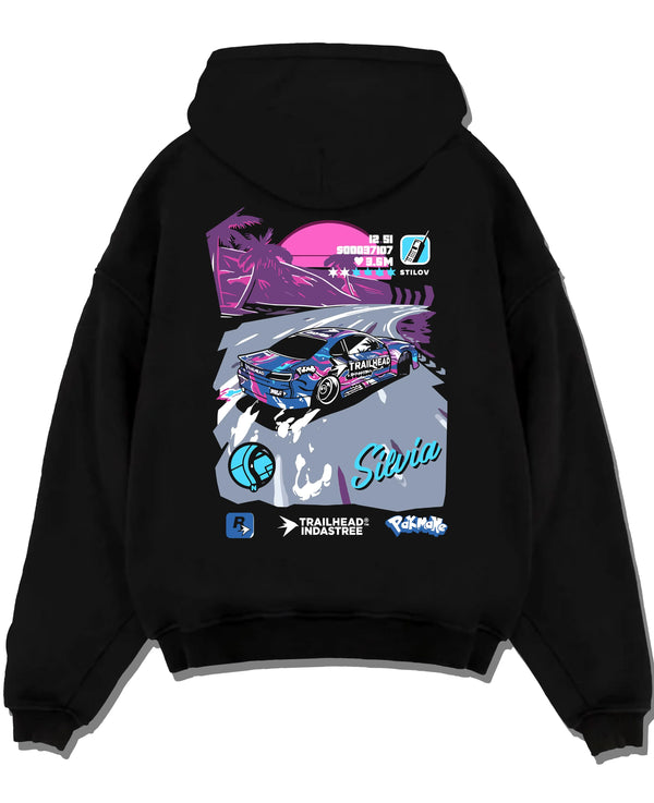 Black pullover hoodie laid flat on a white background, featuring SILVIA racing drift jdm japanese street retro performance graphic.