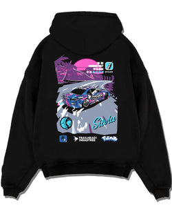 Black pullover hoodie laid flat on a white background, featuring SILVIA racing drift jdm japanese street retro performance graphic.