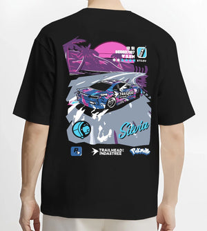 Black T-shirt worn by a male model, back view, featuring SILVIA racing drift jdm japanese street retro performance graphic.