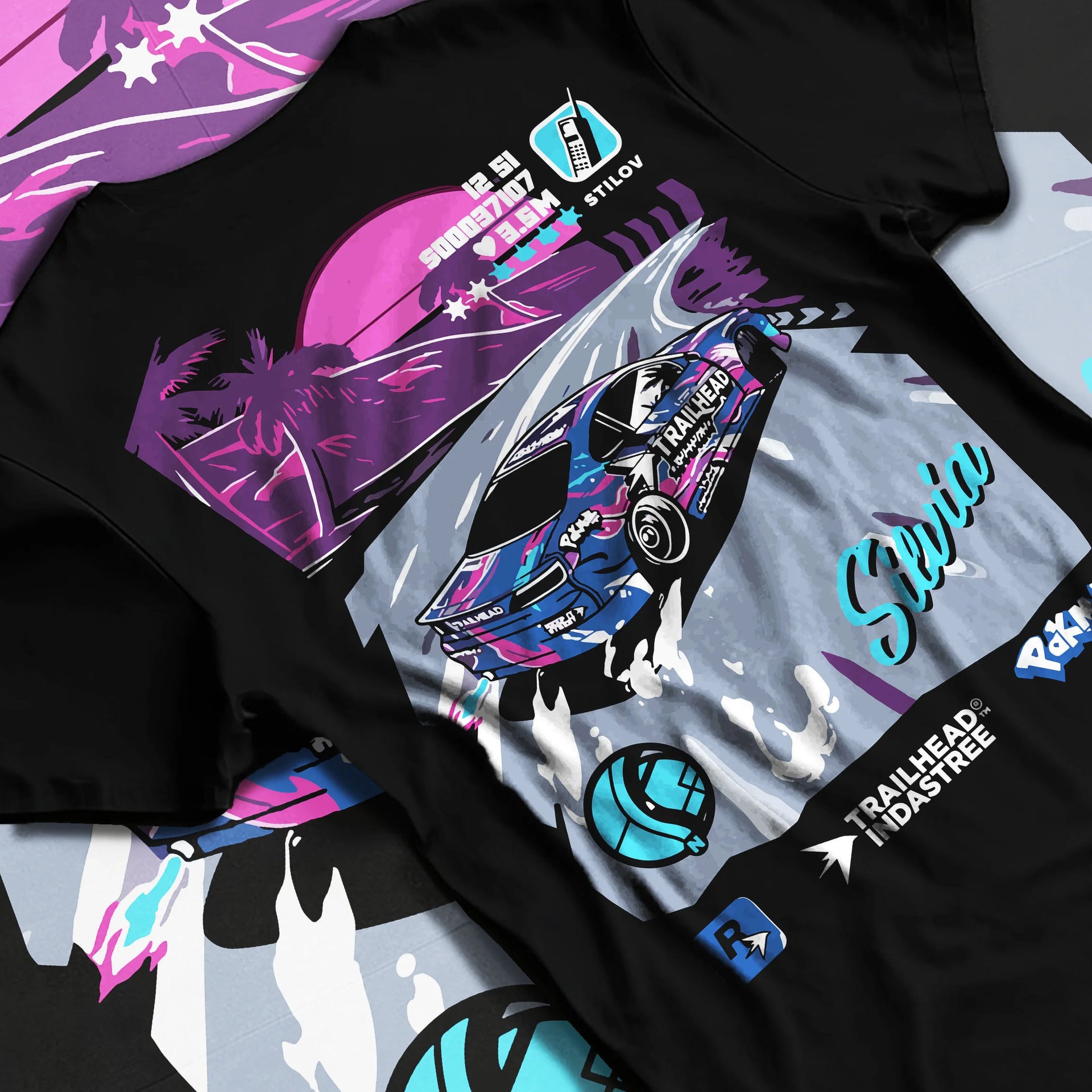 Black T-shirt laid flat with natural fabric folds, featuring SILVIA racing drift jdm japanese street retro performance graphic.