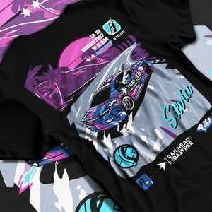 Black T-shirt laid flat with natural fabric folds, featuring SILVIA racing drift jdm japanese street retro performance graphic.