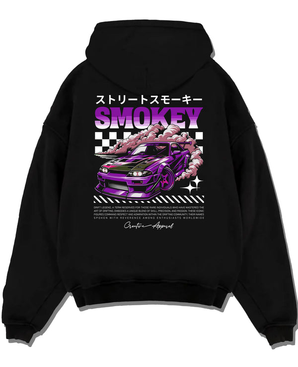 Black pullover hoodie laid flat on a white background, featuring racing drift muscle street retro classic performance graphic.