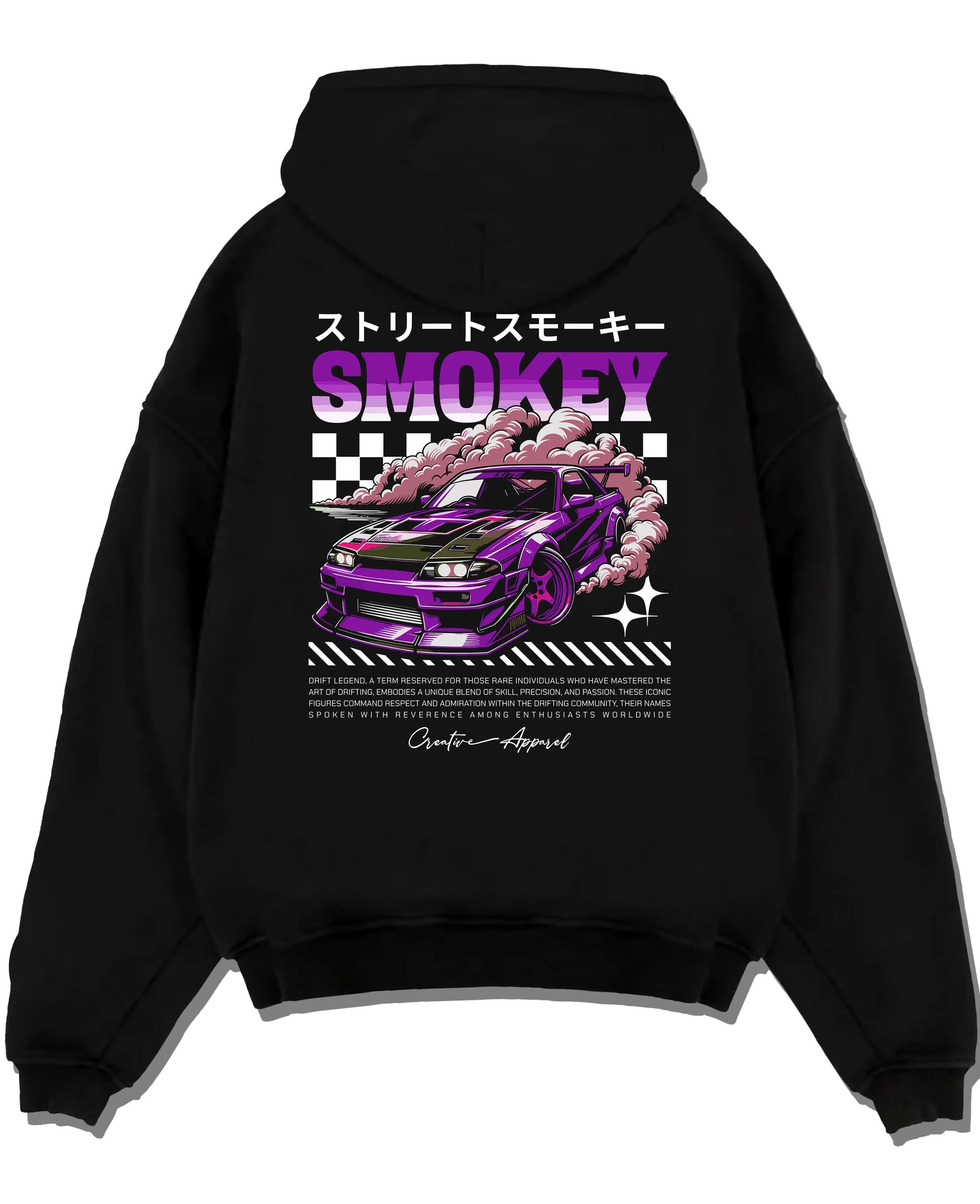 Black pullover hoodie laid flat on a white background, featuring racing drift muscle street retro classic performance graphic.