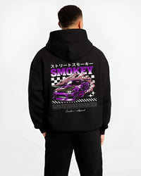 Black hoodie worn by a male model, back view, featuring racing drift muscle street retro classic performance motorsport graphic.