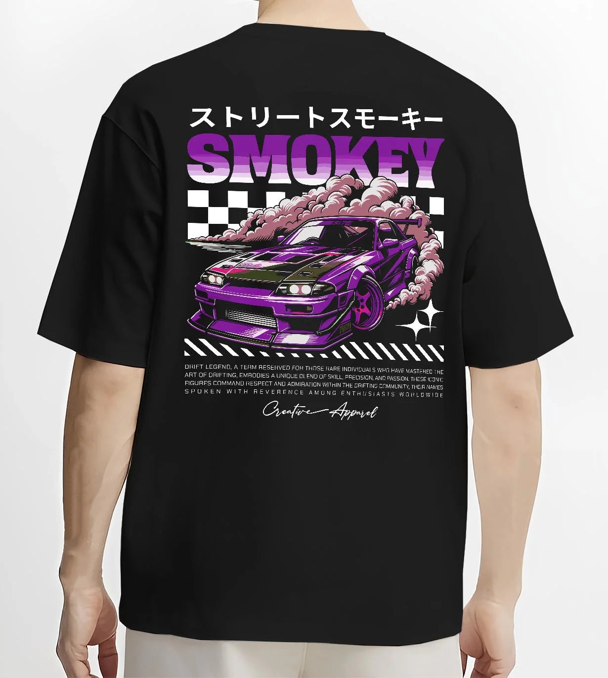 Black T-shirt worn by a male model, back view, featuring racing drift muscle street retro classic performance motorsport graphic.