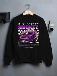 Black crewneck sweatshirt on a hanger against a grey wall, featuring racing drift muscle street retro classic performance graphic.