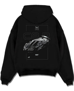 Black pullover hoodie laid flat on a white background, featuring Chevrolet Corvette C6 corvette racing muscle street graphic.