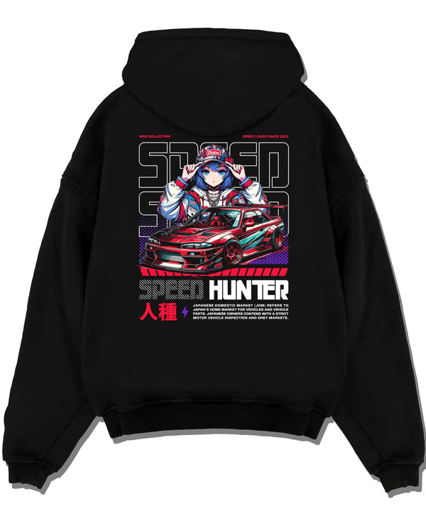 Black pullover hoodie laid flat on a white background, featuring Nissan SILVIA drift jdm japanese street speed racing graphic.