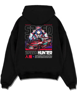 Black pullover hoodie laid flat on a white background, featuring Nissan SILVIA drift jdm japanese street speed racing graphic.
