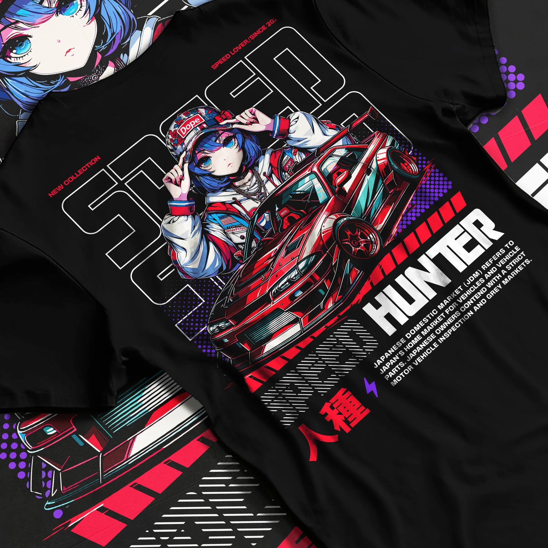 Black T-shirt laid flat with natural fabric folds, featuring Nissan SILVIA drift jdm japanese street speed racing graphic.