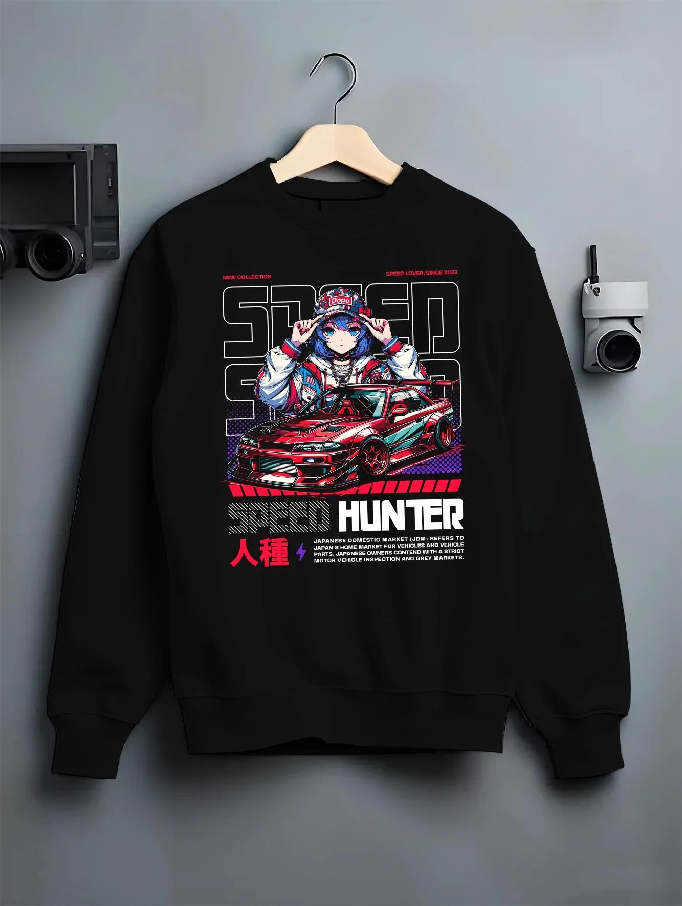 Black crewneck sweatshirt on a hanger against a grey wall, featuring Nissan SILVIA drift jdm japanese street speed racing graphic.