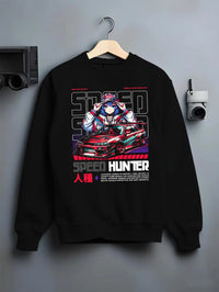 Black crewneck sweatshirt on a hanger against a grey wall, featuring Nissan SILVIA drift jdm japanese street speed racing graphic.
