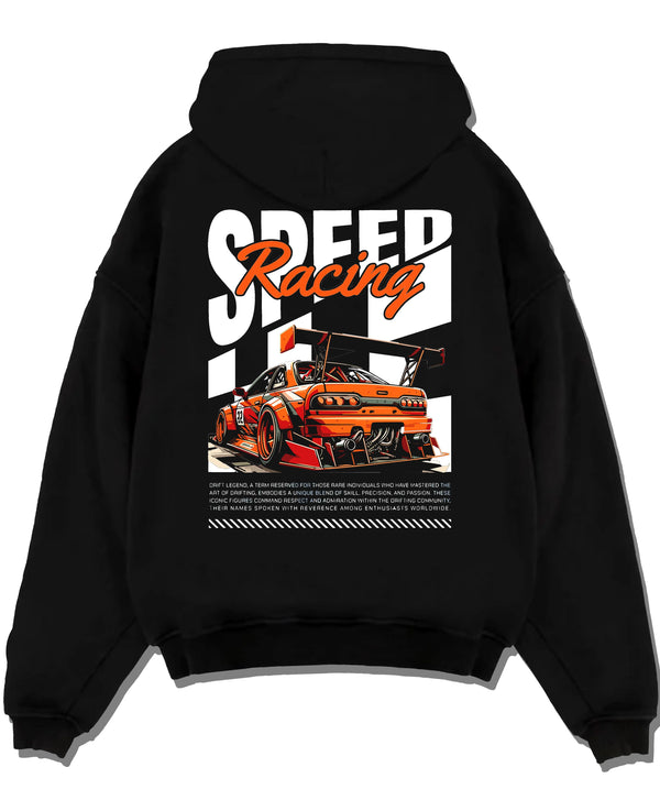 Black pullover hoodie laid flat on a white background, featuring rs racing drift motorsport jdm japanese street speed graphic.