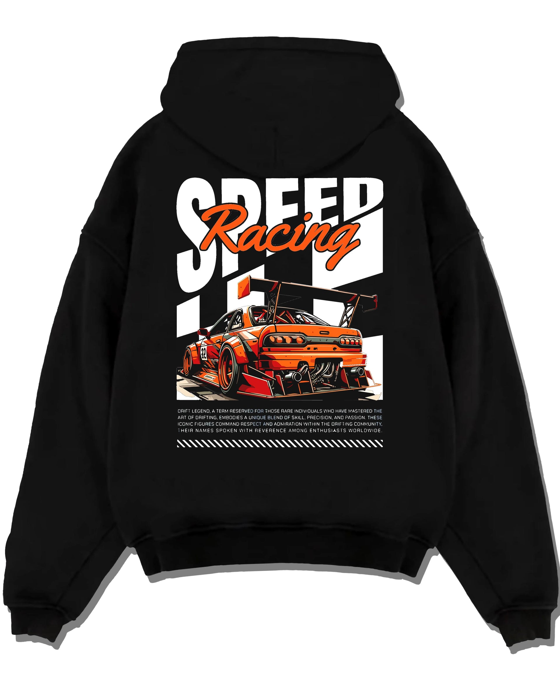 Black pullover hoodie laid flat on a white background, featuring rs racing drift motorsport jdm japanese street speed graphic.