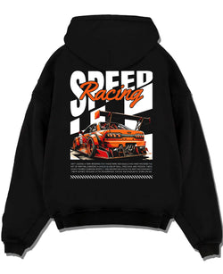 Black pullover hoodie laid flat on a white background, featuring rs racing drift motorsport jdm japanese street speed graphic.