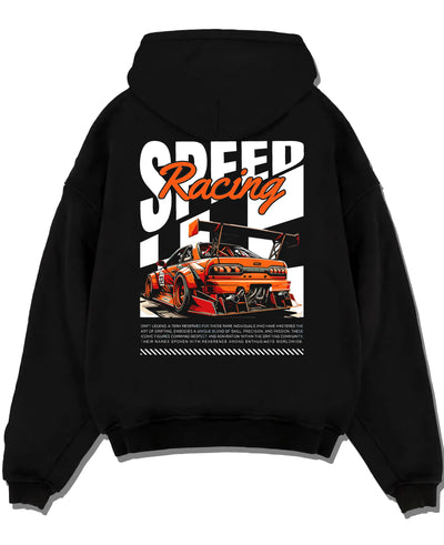 Black pullover hoodie laid flat on a white background, featuring rs racing drift motorsport jdm japanese street speed graphic.
