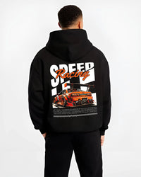 Black hoodie worn by a male model, back view, featuring rs racing drift motorsport jdm japanese street speed graphic.
