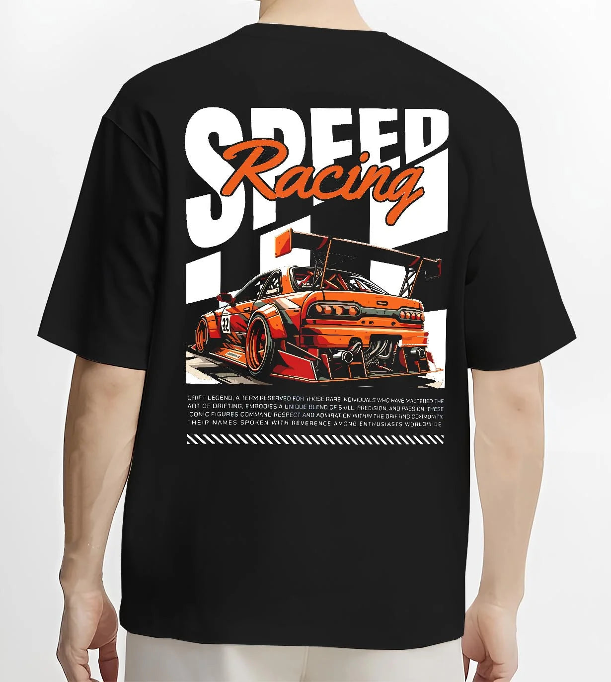 Black T-shirt worn by a male model, back view, featuring rs racing drift motorsport jdm japanese street speed graphic.