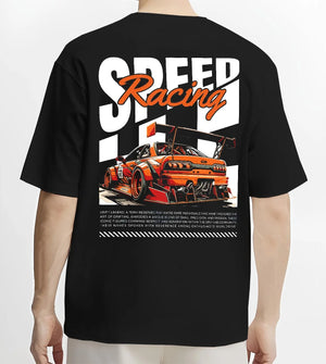 Black T-shirt worn by a male model, back view, featuring rs racing drift motorsport jdm japanese street speed graphic.