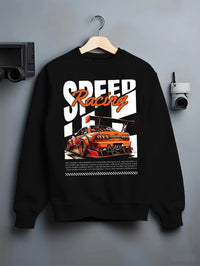 Black crewneck sweatshirt on a hanger against a grey wall, featuring rs racing drift motorsport jdm japanese street speed graphic.