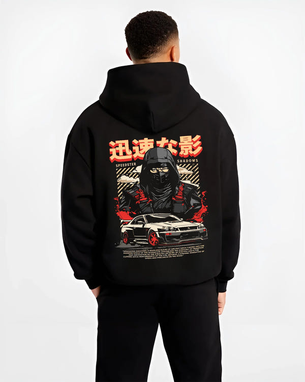 Black hoodie worn by a male model, back view, featuring Nissan SKYLINE r34 ninja drift jdm japanese street speed graphic.
