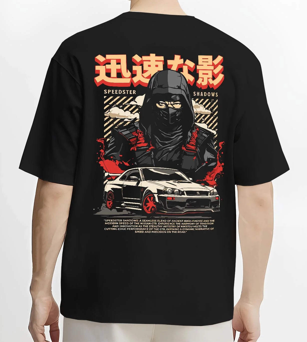 Black T-shirt worn by a male model, back view, featuring Nissan SKYLINE r34 ninja drift jdm japanese street speed graphic.