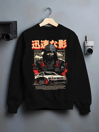 Black crewneck sweatshirt on a hanger against a grey wall, featuring Nissan SKYLINE r34 ninja drift jdm japanese street graphic.