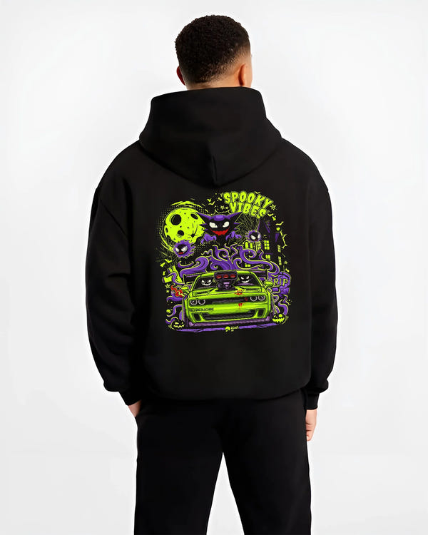 Black hoodie worn by a male model, back view, featuring jdm street racing performance motorsport automotive enthusiast graphic.