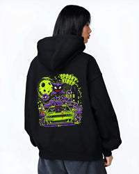 Black hoodie worn by a female model, back view, featuring jdm street racing performance motorsport automotive enthusiast graphic.
