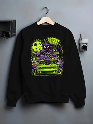 Black crewneck sweatshirt on a hanger against a grey wall, featuring jdm street racing performance motorsport automotive graphic.