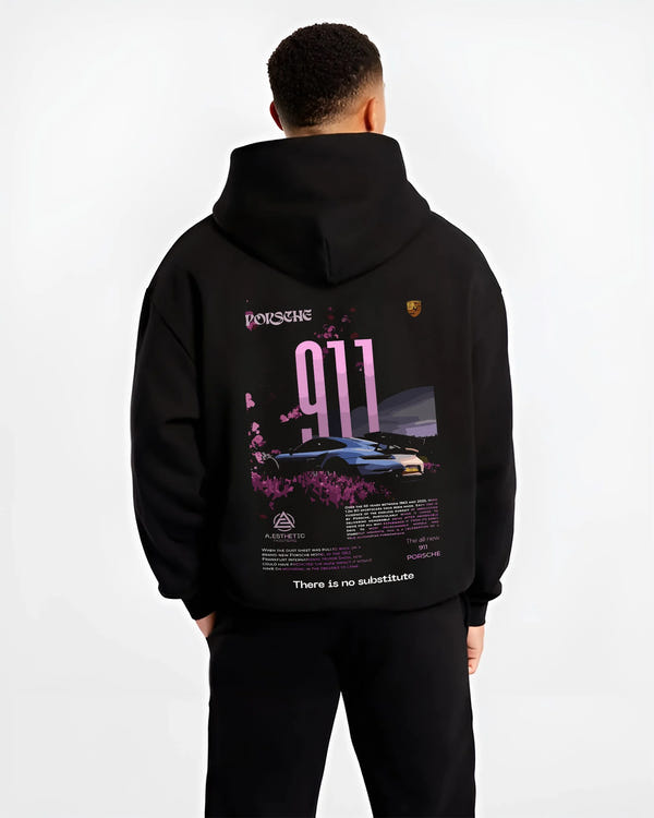 Black hoodie worn by a male model, back view, featuring Porsche 911 Turbo rs 911 turbo racing classic street graphic.
