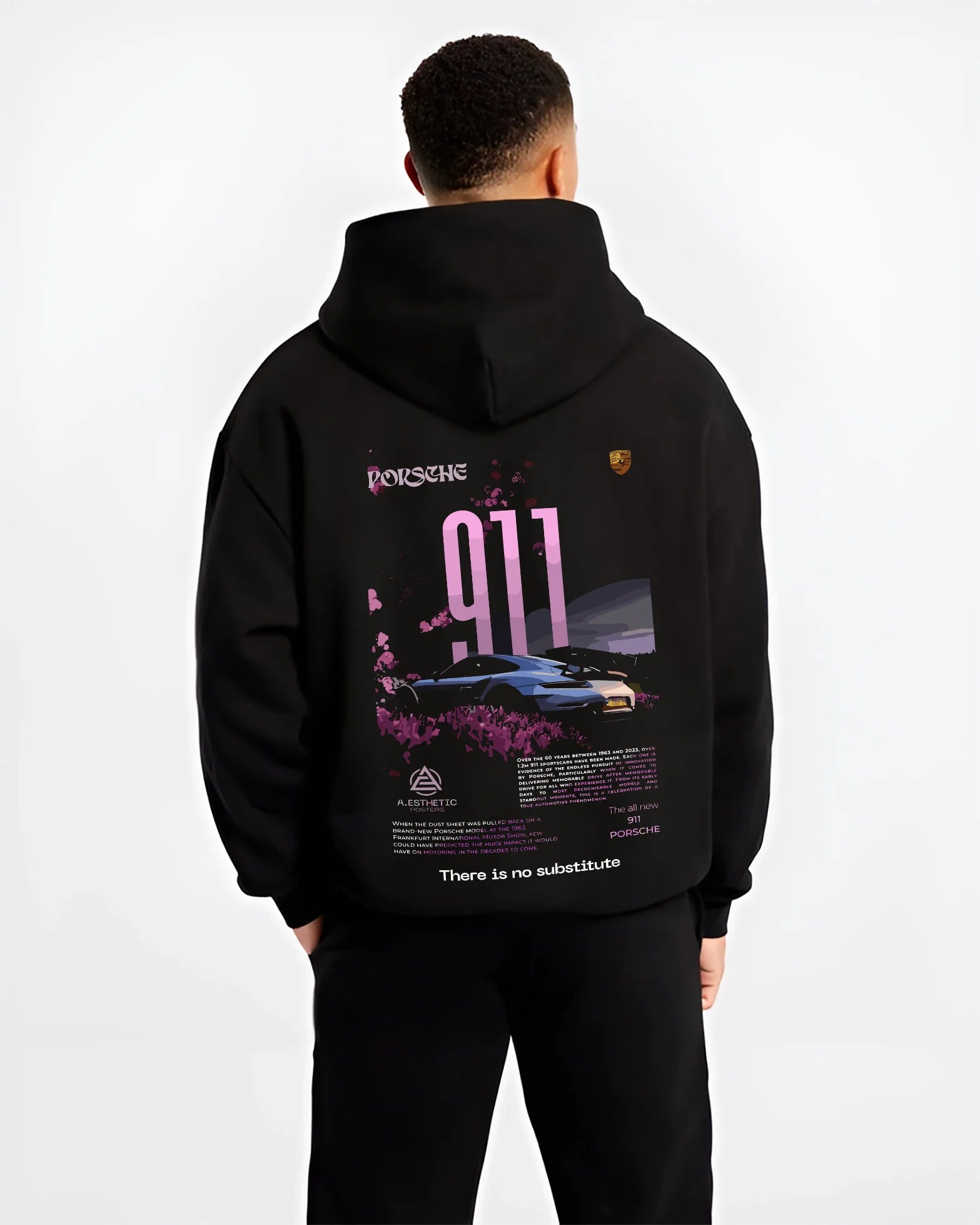 Black hoodie worn by a male model, back view, featuring Porsche 911 Turbo rs 911 turbo racing classic street graphic.