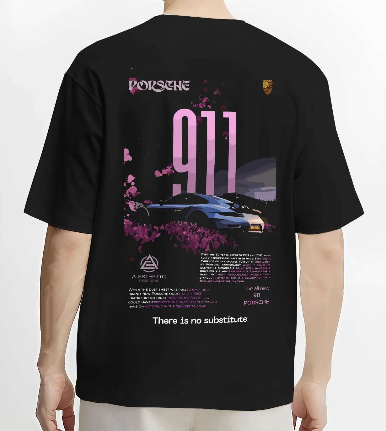 Black T-shirt worn by a male model, back view, featuring Porsche 911 Turbo rs 911 turbo racing classic street graphic.