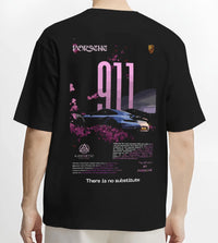 Black T-shirt worn by a male model, back view, featuring Porsche 911 Turbo rs 911 turbo racing classic street graphic.