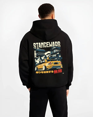Black hoodie worn by a male model, back view, featuring drift jdm tuner stance slammed stanced racing street graphic.