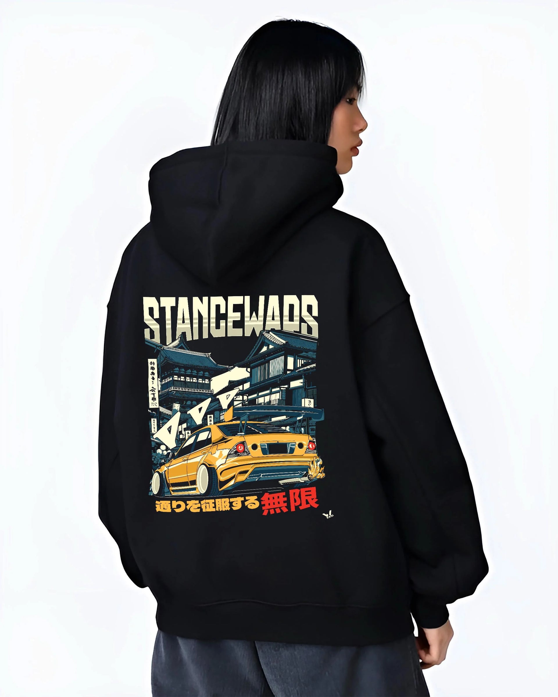 Black hoodie worn by a female model, back view, featuring drift jdm tuner stance slammed stanced racing street graphic.