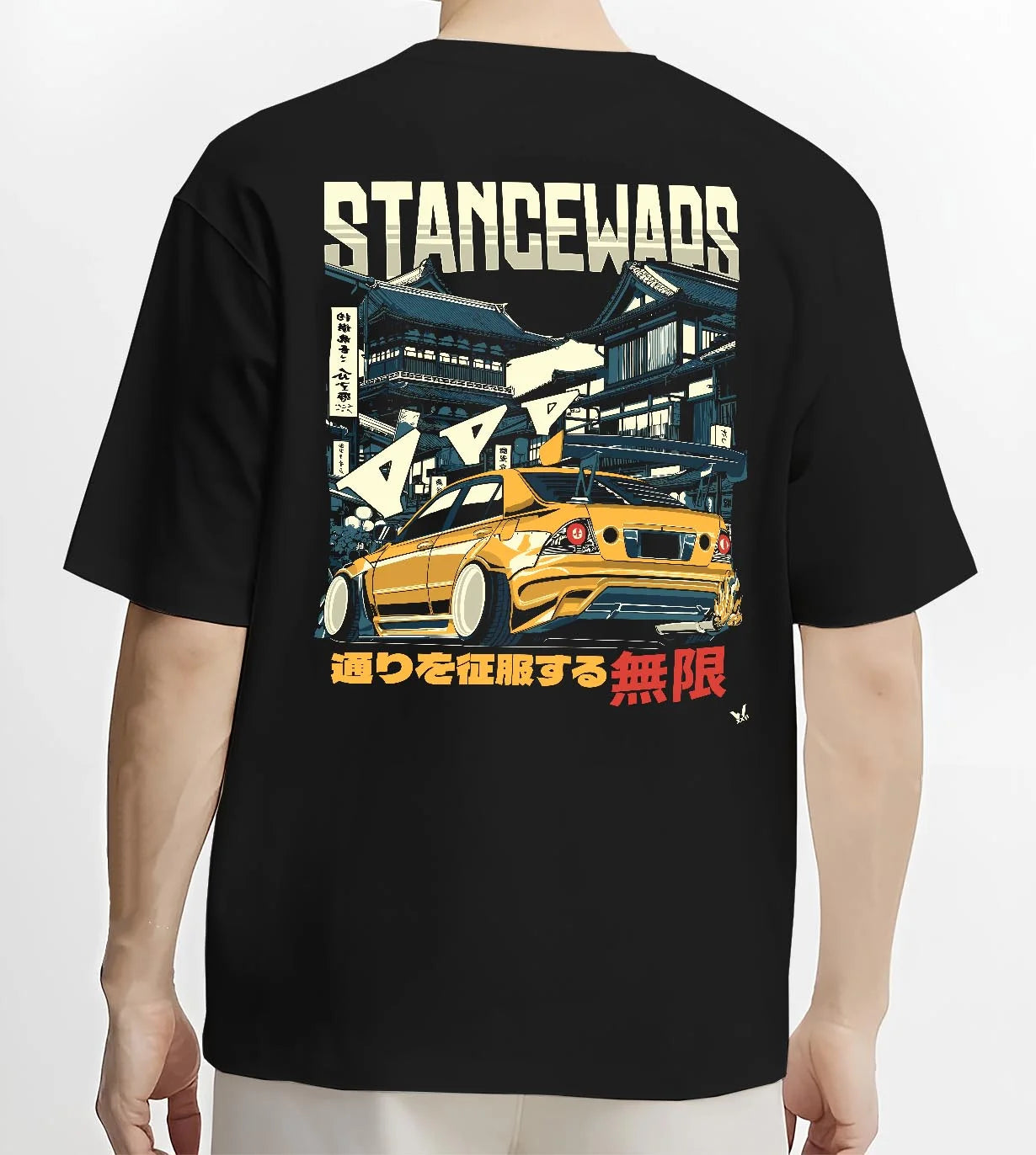 Black T-shirt worn by a male model, back view, featuring drift jdm tuner stance slammed stanced racing street graphic.