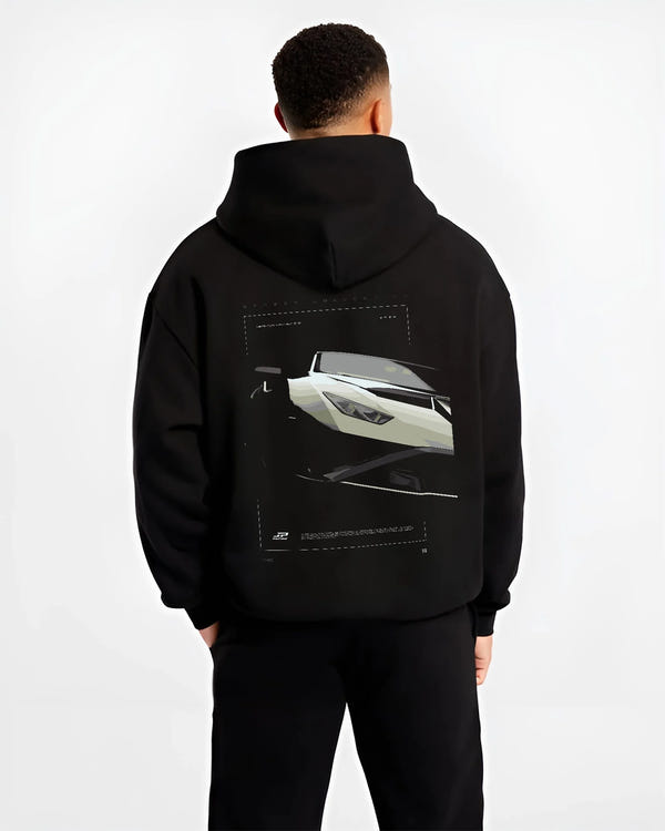 Black hoodie worn by a male model, back view, featuring rs turbo racing track street enthusiast performance motorsport graphic.