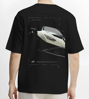 Black T-shirt worn by a male model, back view, featuring rs turbo racing track street enthusiast performance motorsport graphic.