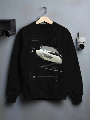 Black crewneck sweatshirt on a hanger against a grey wall, featuring rs turbo racing track street enthusiast performance graphic.